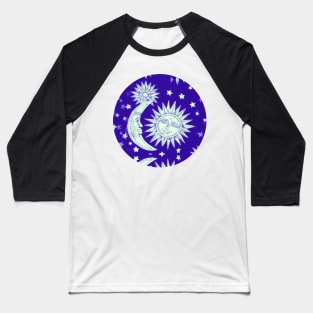 Vintage Celestial Sun Moon and Stars in Blue Baseball T-Shirt